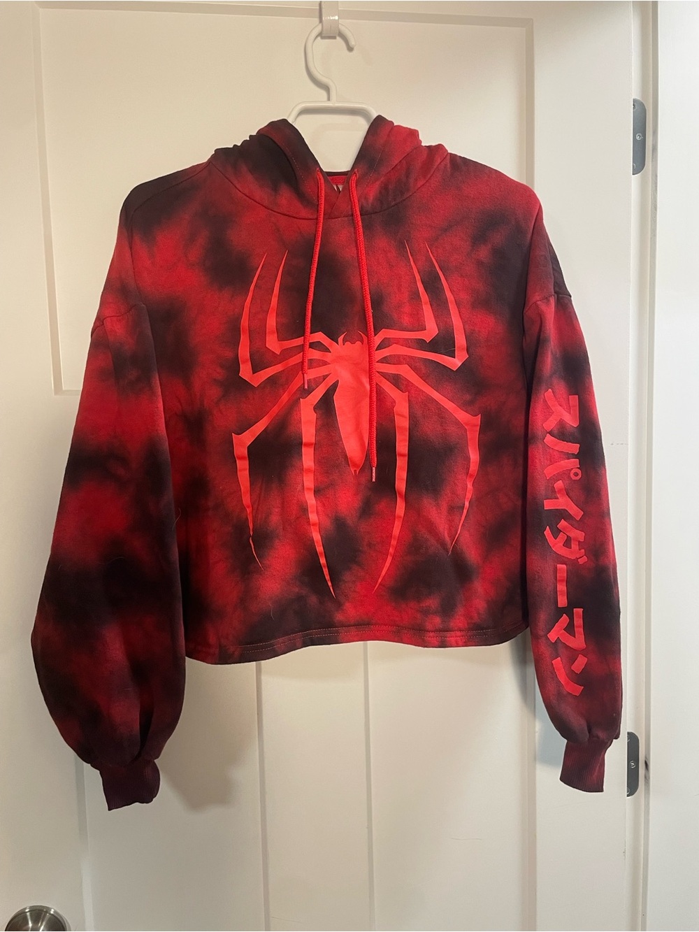 Red Tie-Dye Spider-Man Graphic Cropped Hoodie - Women’s Sweater